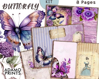 Purple Butterfly Junk Journal Pages Floral Journal Kit Garden Flower Collage Sheets Ephemera Lined and Blank Printable Altered Art Scrapbook