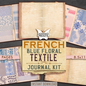 Kit de diario textil floral azul francés, página de diario, flor digital, hojas de collage, efímera, kit de diario imprimible, álbum de recortes floral