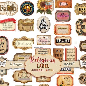 Religious Label Journal Words, Vintage Labels, Bible Scripture, Digital Christian Collage Words, Embellishments, Junk Journal Kit, Ephemera