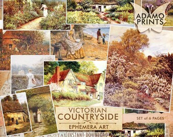 Wieś w stylu vintage wiktoriańskim, kwiaty, sztuka cyfrowa, malarstwo, obrazy cyfrowe, pamiątki do scrapbookingu, klasyka, pamiątki artystyczne, strony książek