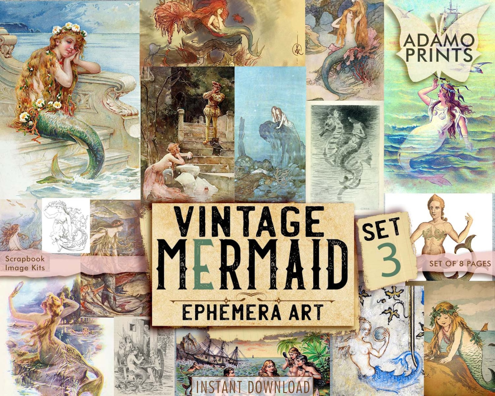 Vintage Mermaid Set3 Digital Images Vintage Art Ephemera | Etsy