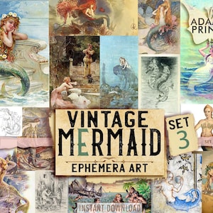 Ensemble de sirènes vintage3, images numériques, oeuvre d'art vintage, classiques éphémères, kit de scrapbooking, collage numérique, oeuvre d'art éphémère, kit de journal indésirable