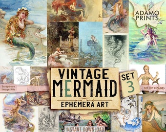 Vintage Mermaid Set3, Digital Images, Vintage Art, Ephemera Classics, Scrapbook Kit, Digital Collage, Art Ephemera, Junk Journal Kit