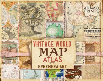 Puede incluir: Conjunto de 6 páginas de atlas de mapas del mundo vintage, arte efímero, descarga digital. La imagen muestra un collage de mapas antiguos, incluyendo un globo terráqueo, un mapa de Australia y un mapa de Buenos Aires.