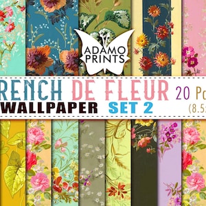 French De Fleur Wallpaper Set2, Paper Pattern, Shabby Paper, Paper for Journal Kit, Wallpaper Flower, Digital Paper, Printable Background