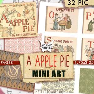 ミニアート - アップルパイ、ミニチュア画像、ケイト・グリーナウェイ、児童書のエフェメラ、ミニブック、ビンテージアート、デジタルコラージュ