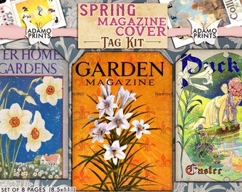 Puede incluir: Un conjunto de 8 etiquetas de portada de revista imprimibles con ilustraciones vintage de flores y texto. Las etiquetas están diseñadas para un tema de jardín de primavera e incluyen el texto "Spring Magazine Cover Tag Kit", "Garden Magazine", "Jack" y "Easter".