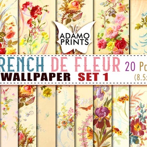 French De Fleur Wallpaper Set1, Paper Pattern, Shabby Paper, Paper for Journal Kit, Wallpaper Flower, Digital Paper, Printable Background