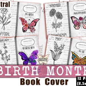 Può includere: Un set di 12 copertine di libri stampabili che presentano un diverso design di fiori e farfalle per ogni mese dell'anno. Le copertine sono progettate in stile vintage con testo scritto a mano e una tavolozza di colori neutri. Il testo sulle copertine include il nome del mese e il nome del fiore.