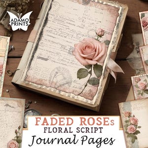 Papel digital grunge con guión floral de rosas descoloridas, páginas de diario basura de papel de fondo vintage, papel artesanal, kit digital grunge imprimible