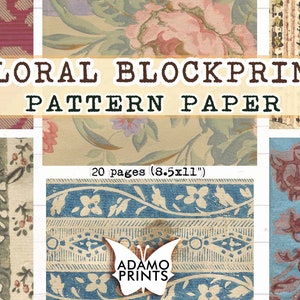 Könnte beinhalten: Eine Collage aus 20 floralen Blockdruck-Musterpapieren, jedes mit einem anderen Design. Die Papiere sind 8,5 x 11 Zoll groß und perfekt zum Basteln und Scrapbooking.
