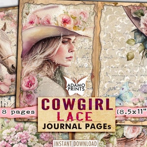 Pagine di diario spazzatura in pizzo cowgirl, kit diario spazzatura, donne occidentali, cavallo, fogli di collage, kit diario effimero, carta stampabile, album di ritagli