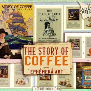The Story Of Coffee, Vintage Art, Coffee Ephemera, Digital Images, Ephemera Classics, Journal Kit, Scrapbook Art, ATC, Journal Cards