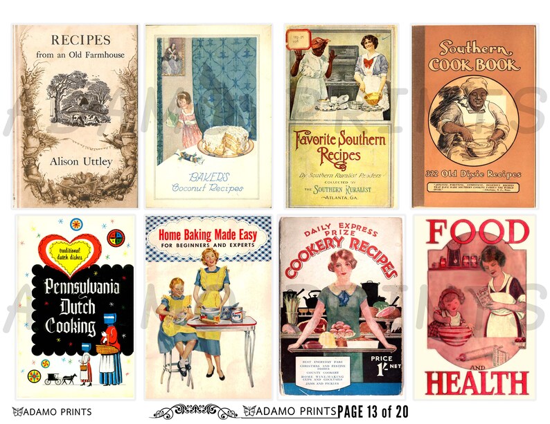 Op de afbeelding: Een verzameling vintage kookboekcovers. Titels zijn onder meer "Recipes from an Old Farmhouse", "Bakers Coconut Recipes", "Favorite Southern Recipes", "Southern Cook Book", "Pennsylvania Dutch Cooking", "Home Baking Made Easy", "Daily Express Prize Cookery Recipes" en "Food and Health".