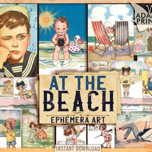 In spiaggia, Classici effimeri, Digitale, Mare, Oceano, Bambini, Acqua, Blu, Arte vintage, Bambini vintage, Collage artistico, ATC, Carte
