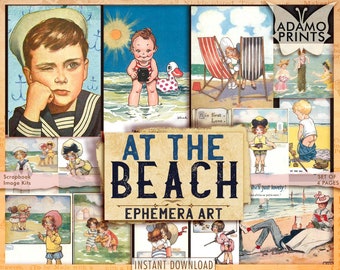 At the Beach, Ephemera Classics, Digital, Sea, Ocean, Children, Water, Blue, Vintage Art, Vintage Children, Collage Art, ATC, Cards