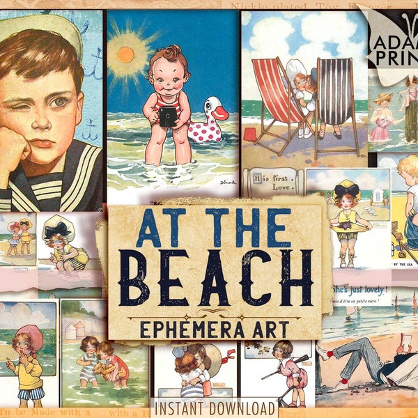 At the Beach, Ephemera Classics, Digital, Sea, Ocean, Children, Water, Blue, Vintage Art, Vintage Children, Collage Art, ATC, Cards