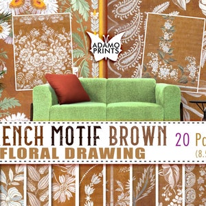Frans motief bruine bloementekening, Frans patroon, junk journaling kit, grunge papier, digitaal behang, digitaal papier, afdrukbare achtergrond
