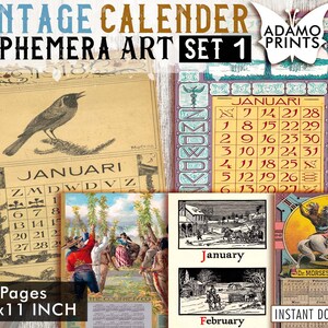 Vintage Calendar Set1, Vintage Art, Posters, Ephemera Classic, Alter Art Digital, Digital Kit, Scrapbook Kit, Journal Kit, Ephemera Pack