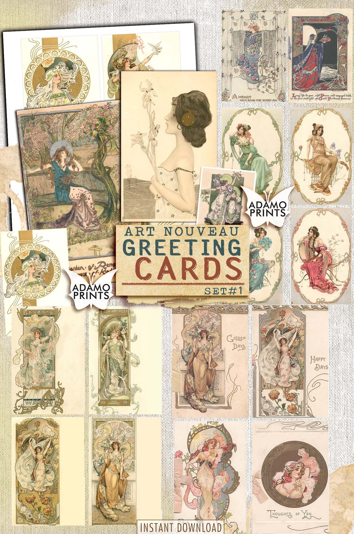 Art Nouveau Greeting Cards Set1 Digital Images Vintage Art Etsy
