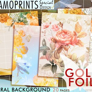 Goudfolie bloemenachtergrond, junk journaling kit, papier voor dagboekkit, bloemenpatroon, digitaal papier, afdrukbare achtergrond, plakboek