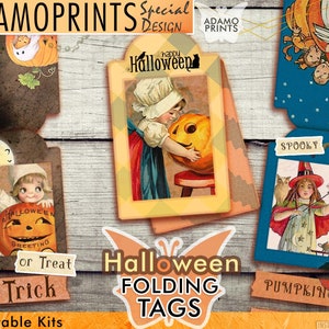 Halloween Photo Folding Tags Kit, Collage Sheet, Printable Ephemera, Junk Journal Kit, Vintage, Cards, Embellishment, Scrapbook, Digi Kit