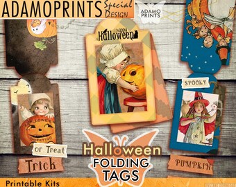 Halloween Photo Folding Tags Kit, Collage Sheet, Printable Ephemera, Junk Journal Kit, Vintage, Cards, Embellishment, Scrapbook, Digi Kit