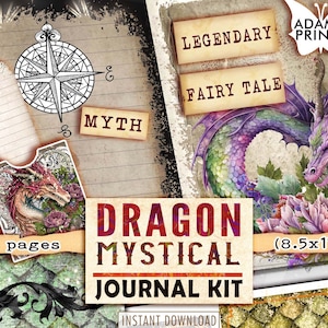 Mystical Dragon Journal Kit, Blank & Lined Page, Magic, Collage Sheets, Digital Kit, Ephemera, Envelope, Printable Journal Kit, Scrapbook