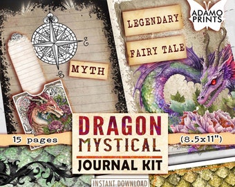 May include: A digital printable journal kit with a dragon, compass, and flowers. The kit includes 15 pages and is 8.5 inches by 11 inches. The text on the image reads "Dragon Mystical Journal Kit, Legendary Fairy Tale, Myth, 15 pages, (8.5x11"), Instant Download, Adamo Prints".