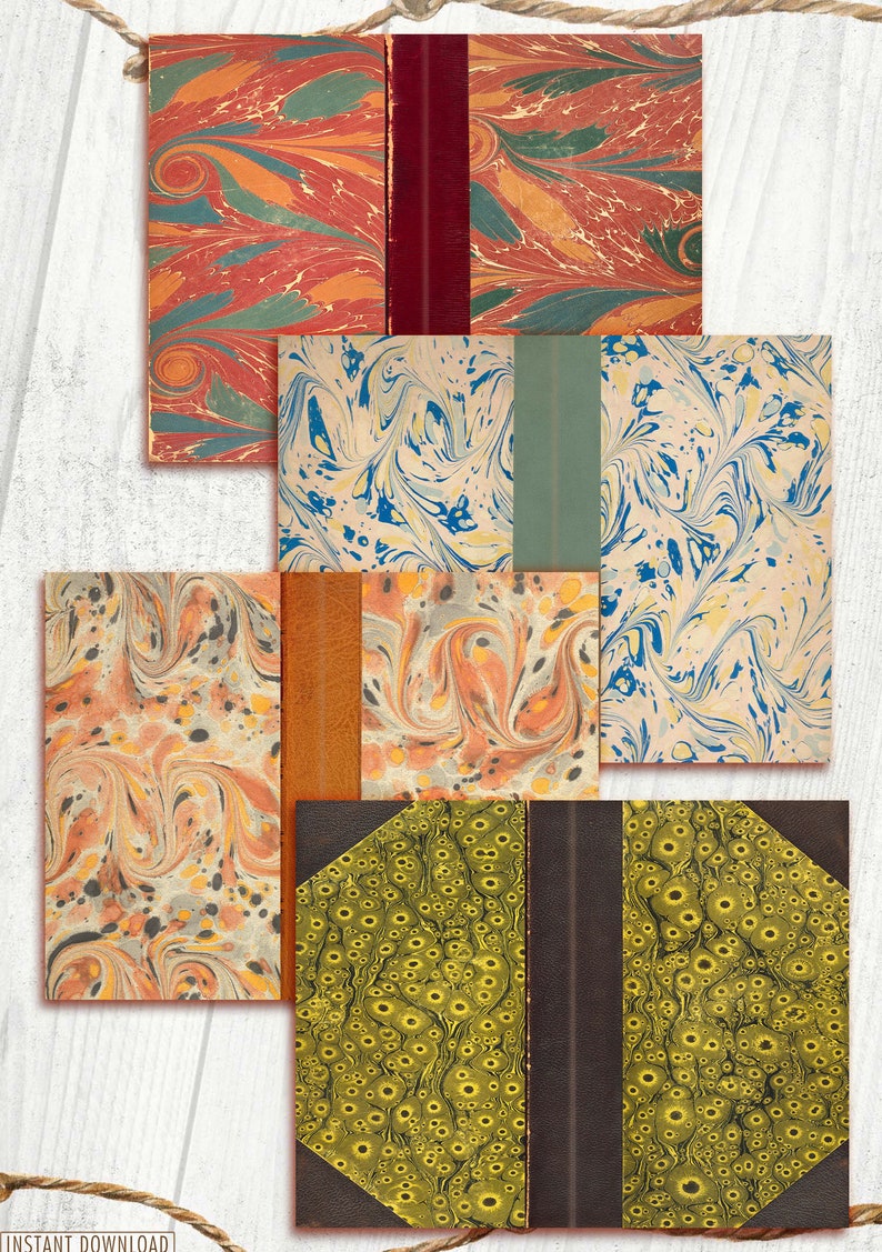 May include: Five different book covers with marbled paper designs. The covers are all different colors and patterns, including red, blue, green, yellow, and orange. The covers are all closed and have a spine.