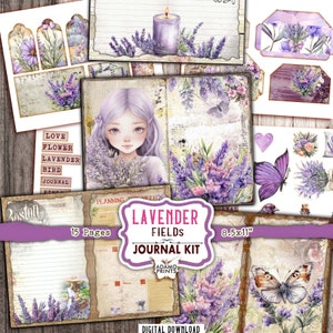 Kit de diario basura de campos de lavanda, página de diario floral, flor efímera, kit de diario imprimible, plantas de álbum de recortes, kit de diario de naturaleza vintage