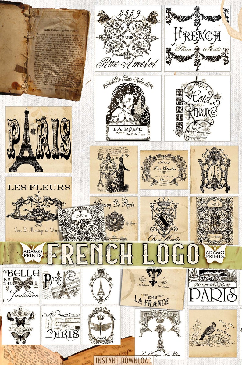 May include: A collection of 16 vintage French-inspired logos and designs in black and white. The logos feature various Parisian themes, including the Eiffel Tower, flowers, and text in French.