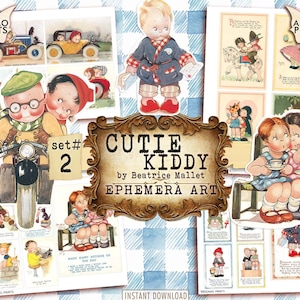 Cutie Kiddy Set 2 von Beatrice Mallet, Postkarte, Vintage Kinderkarten, ATC, Collage Sheet, Ephemera Classics, Junk Journal, druckbares Bild