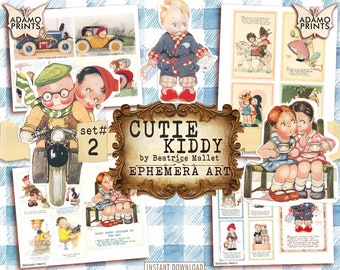 Cutie Kiddy Set 2 by Beatrice Mallet, Postcard, Vintage Children Cards, ATC, Collage Sheet, Ephemera Classics, Junk Journal, Printable Image