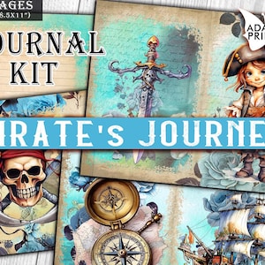 Kit de diario de viaje pirata, diario de fantasía de collage, papel forrado y en blanco, kit de diario de efímeras, papel imprimible, aventura en el mar de álbum de recortes