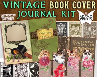 Vintage Book Cover Journal Kit, Tags, Tab, Journal Note Card, Journal Page, Digital Image, Embellishment Digital, Ephemera Pack, Scrapbook
