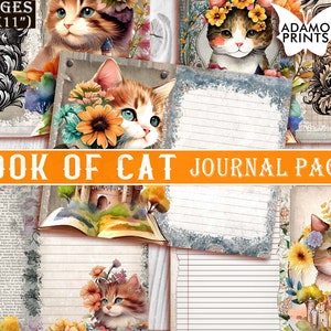 May include: Eight printable journal pages featuring cute cats with flowers and a castle illustration. The pages are designed for a book of cat journal.