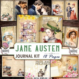 Jane Austen Junk Journal Kit Pagina del diario Orgoglio e pregiudizio Piccole donne Effimera Letteratura Scrapbook stampabile Pagine a righe vuote vintage