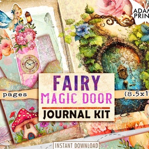 Kit de diario de puerta mágica de hadas, página de diario, magia, hojas de collage, en blanco y línea, efímera, kit de diario imprimible, álbum de recortes floral, acuarela