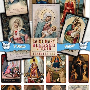 Immaginette sacre di Santa Maria Vergine, donna ebrea, santa cristiana e angelo, foglio di collage di effimeri, immagini d'arte digitale