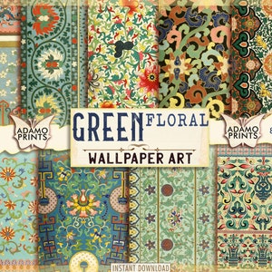 Grüne Blumen Tapete, Digitales Papier, Blume, antike Textur, Verzierung, Junk Journal, druckbarer Hintergrund, Scrapbook Kit