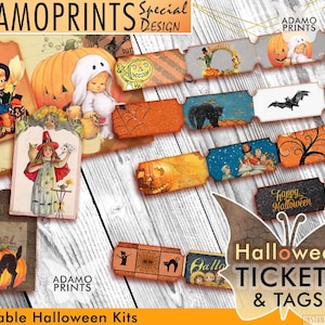Halloween Tags & Ticket Streifen, Collage Bogen, druckbare Ephemera, Junk Journal Kit, Vintage, Karten, Verschönerung, Scrapbook, Digi Kit