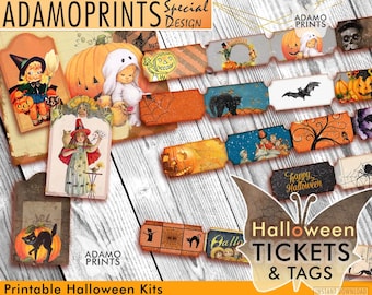 Halloween Tags & Ticket Strips, Collage Sheet, Printable Ephemera, Junk Journal Kit, Vintage, Cards, Embellishment, Scrapbook, Digi Kit