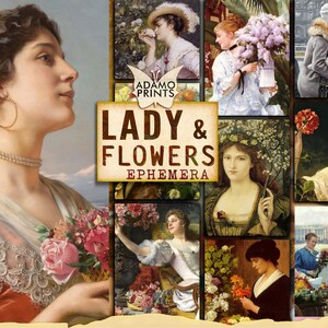 Lady & Flowers, Diário de Coisas Efêmeras, Clássicos de Coisas Efêmeras, Pintura, Imagens Digitais, Coisas Efêmeras de Scrapbook, Imagens para Imprimir, Download