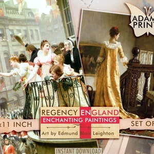 Puede incluir: Conjunto de cuatro impresiones de 8,5 x 11 pulgadas de pinturas de la Inglaterra de la Regencia por Edmund Blair Leighton. Las impresiones muestran mujeres con vestidos elegantes en diferentes entornos.