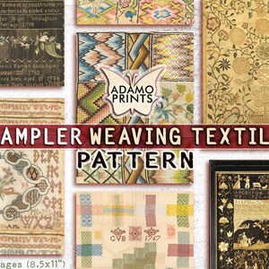 May include: A collage of vintage textile patterns for sampler weaving. The patterns feature a variety of colours, including red, green, blue, yellow, and white. The patterns are arranged in a grid format, with each pattern being surrounded by a black border. The text "SAMPLER WEAVING TEXTILE PATTERN" is displayed in red letters across the top of the collage. The text "20 pages (8.5x11)" is displayed in black letters at the bottom of the collage.