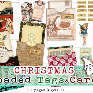 Christmas Loaded Tags & Cards, Junk Journal Kit, Pocket Tags, Journal Words, Christmas Printable, Digital Christmas Kit, Fussy Cut