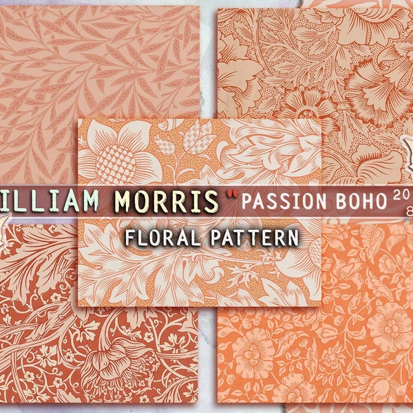 Passion Boho Blumenmuster von William Morris, viktorianische Tapete, digitales Papier, Junk Journal, druckbarer Hintergrund, Scrapbook Kit