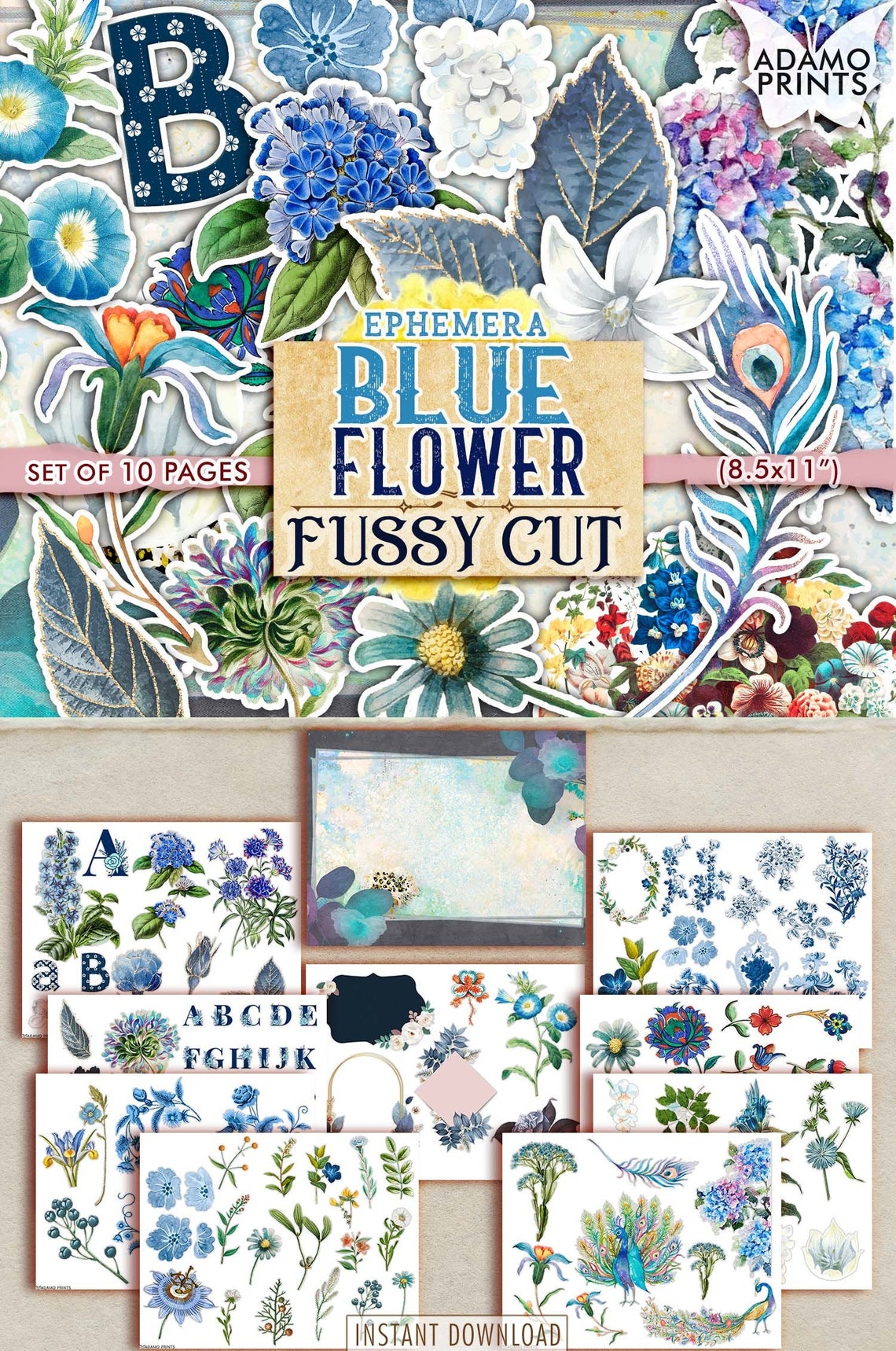 Ephemera Blue Flower Fussy Cut Digital Kit Scrapbook Etsy