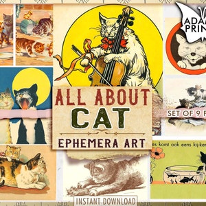 All About Cat, Ephemera Kit, Cards, Printable Images, Vintage Art, Classic, ATC, Digital Collage, Ephemera Digital, Animal, Scrapbook Cat